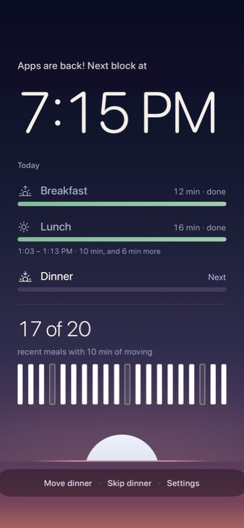 Between meals: Apps are back! Next block at 7:15 PM. Breakfast and lunch done, dinner next.